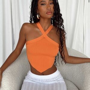Never Worn Princess Polly Orange Halter Cross-Strap Crop Top. Open Back
